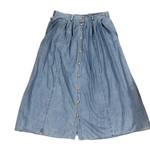 Capacity Vintage Denim Maxi Skirt Womens Large Blue Button Front Cotton Pleated